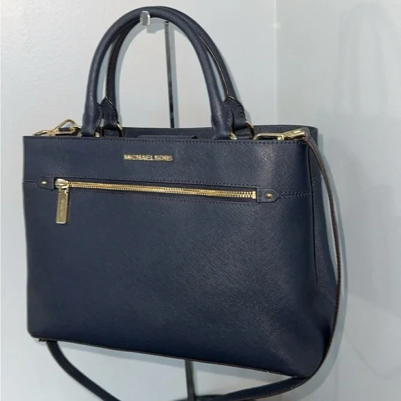 MICHAEL KORS Handbag Crossgrain Leather Navy Large Crossbody Satchel AUTHENTIC - Picture 5 of 12